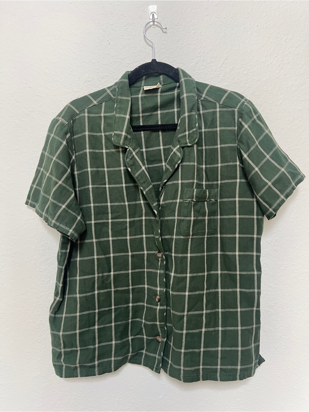 Pact Green Windowpane Short-Sleeve Green Top